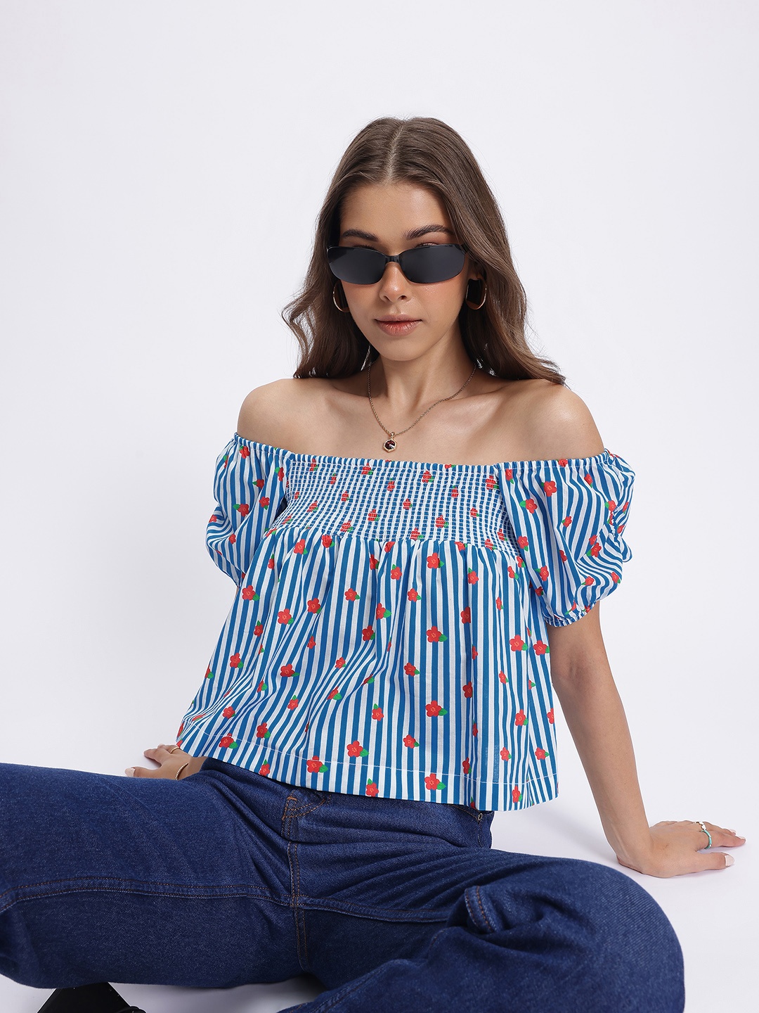 

glitchez Stripe Vibes Ditsy Florals Smocked Bardot Top, Blue
