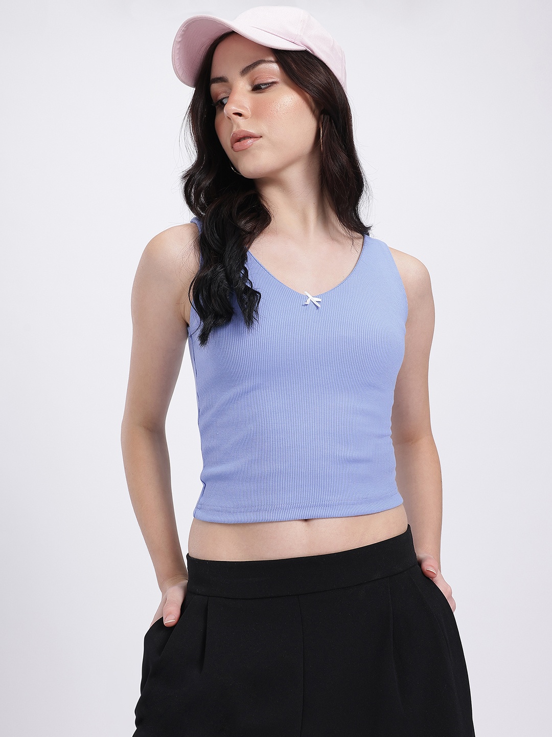 

glitchez Adorable Allure Ribbed Bow Detail Cropped Top, Blue