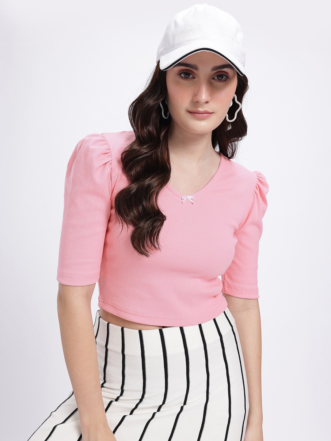 

glitchez Ribbed Edge Puff Sleeve Top, Pink