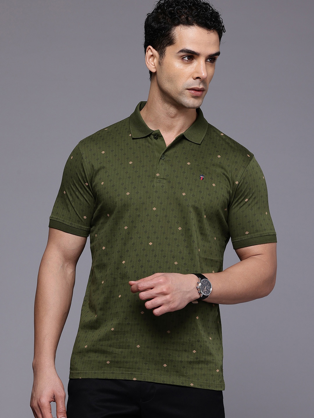 

Louis Philippe Sport Printed Polo Collar Pure Cotton Slim Fit T-shirt, Olive