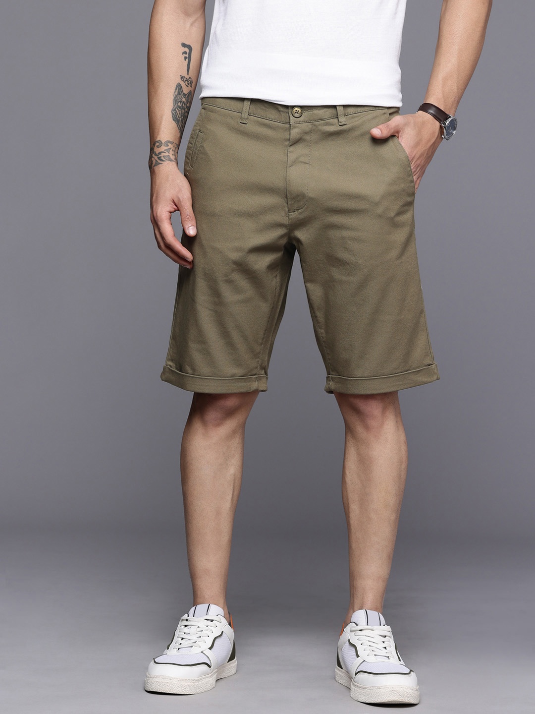 Louis Philippe Sport Men Slim Fit Chino Shorts, Olive