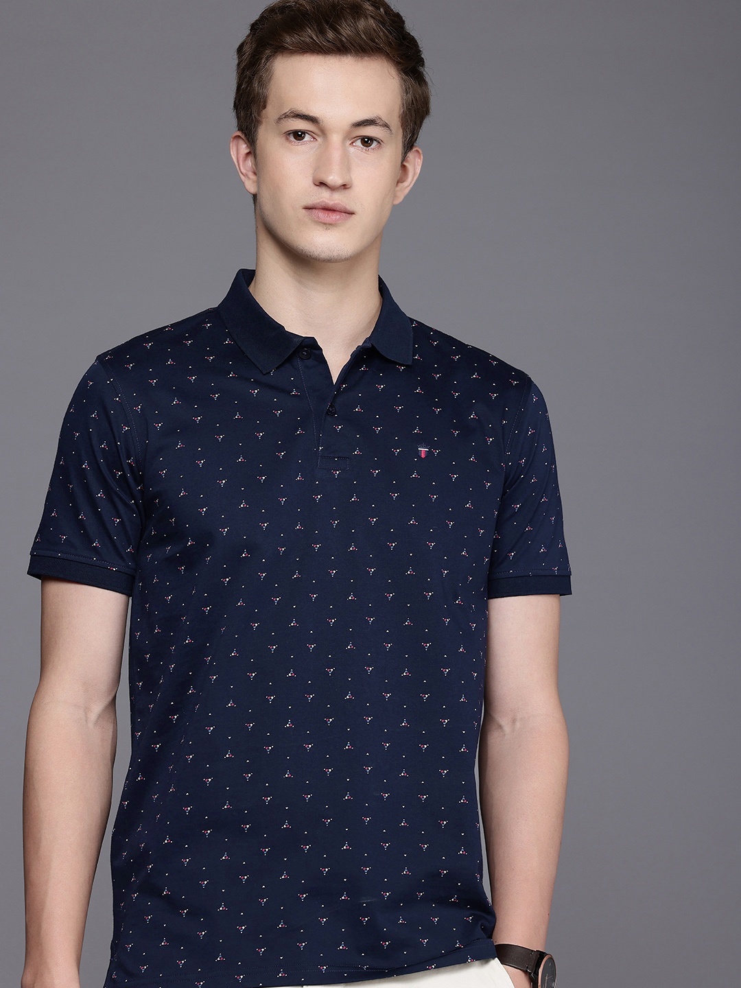 

Louis Philippe Sport Printed Polo Collar Pure Cotton Slim Fit T-shirt, Navy blue