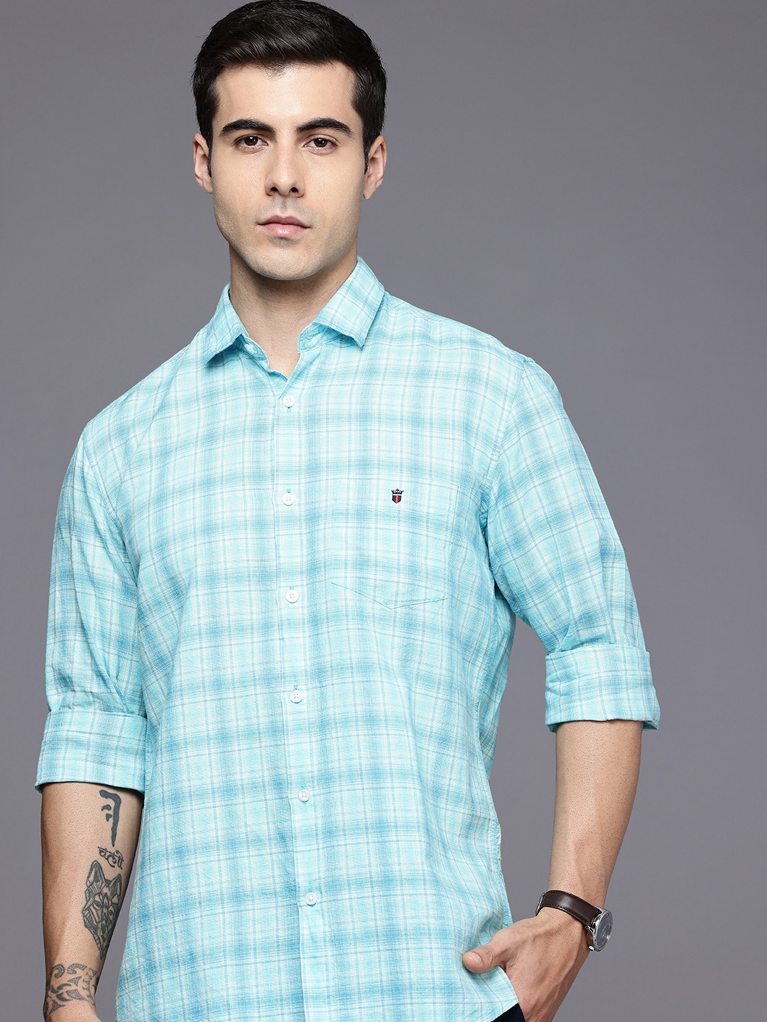 

Louis Philippe Sport Slim Fit Opaque Checked Casual Shirt, Turquoise blue