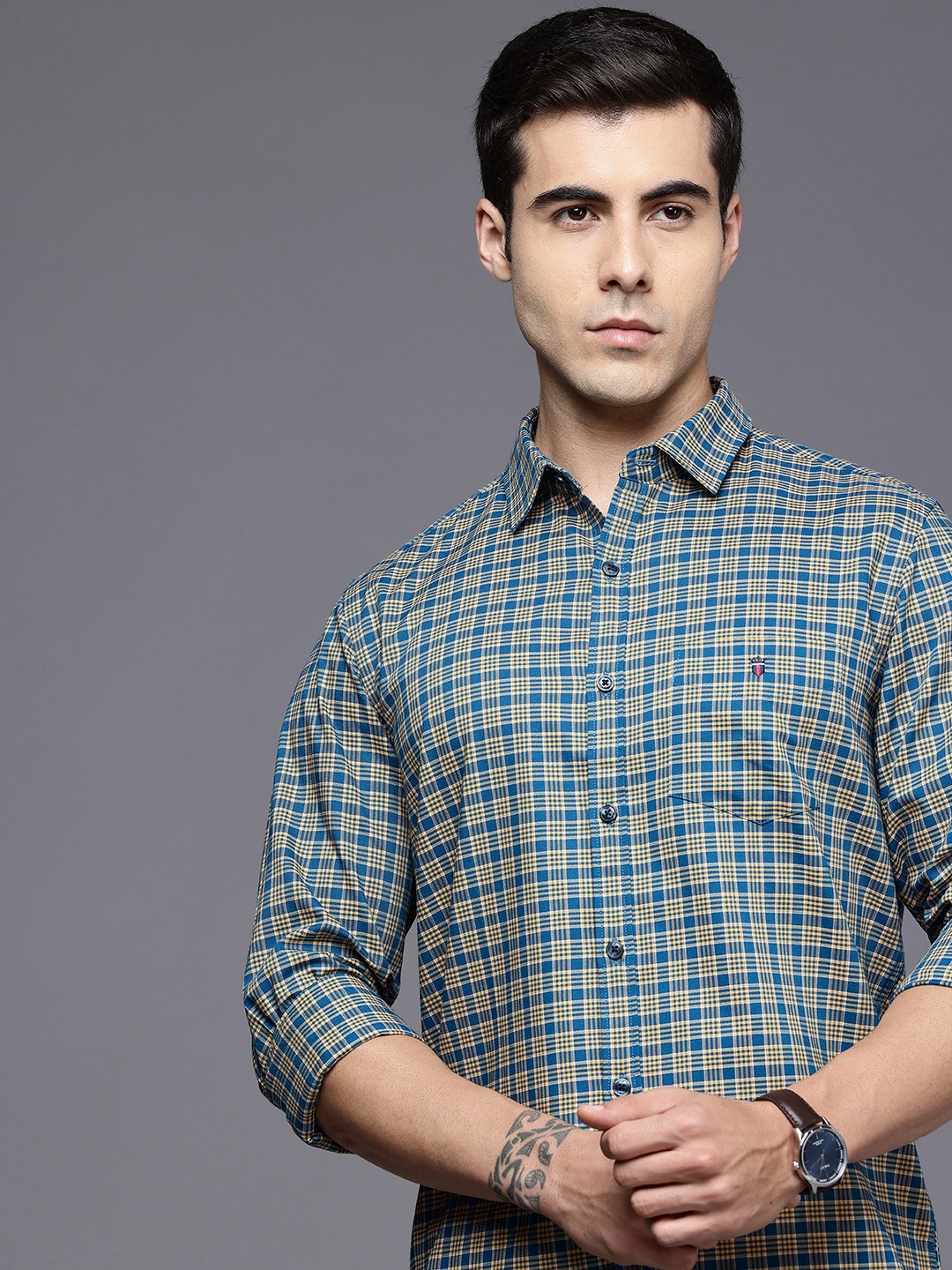 

Louis Philippe Sport Super Slim Fit Checked Pure Cotton Casual Shirt, Blue