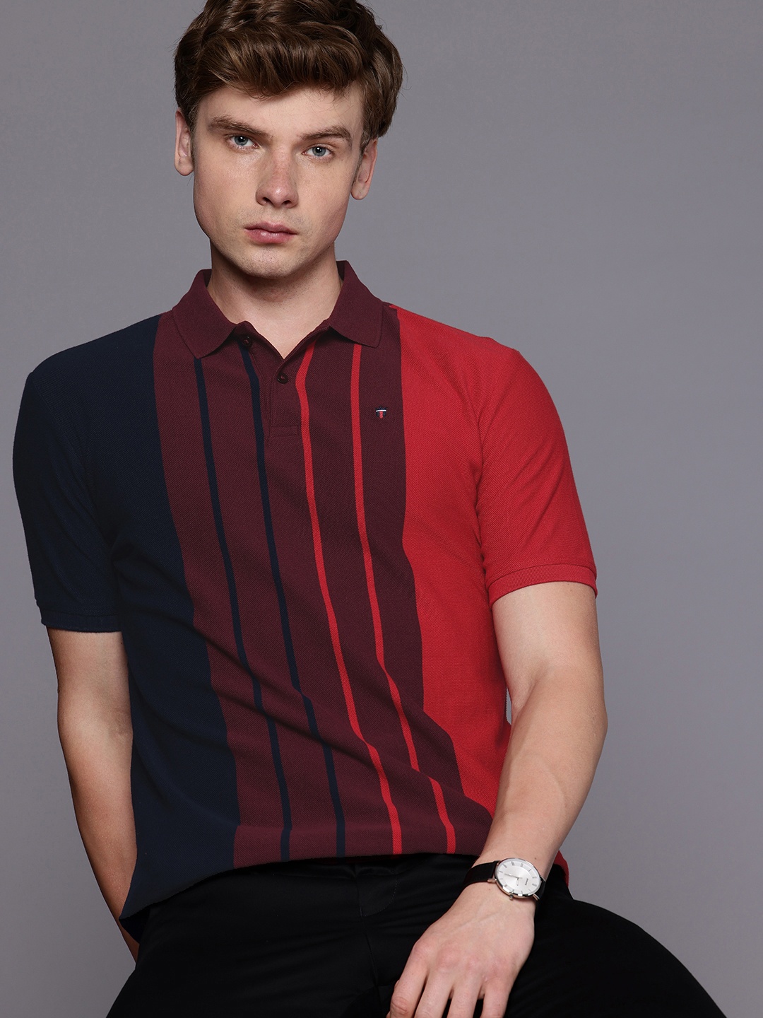 

Louis Philippe Sport Pure Cotton Striped Polo Collar Slim Fit T-shirt, Red