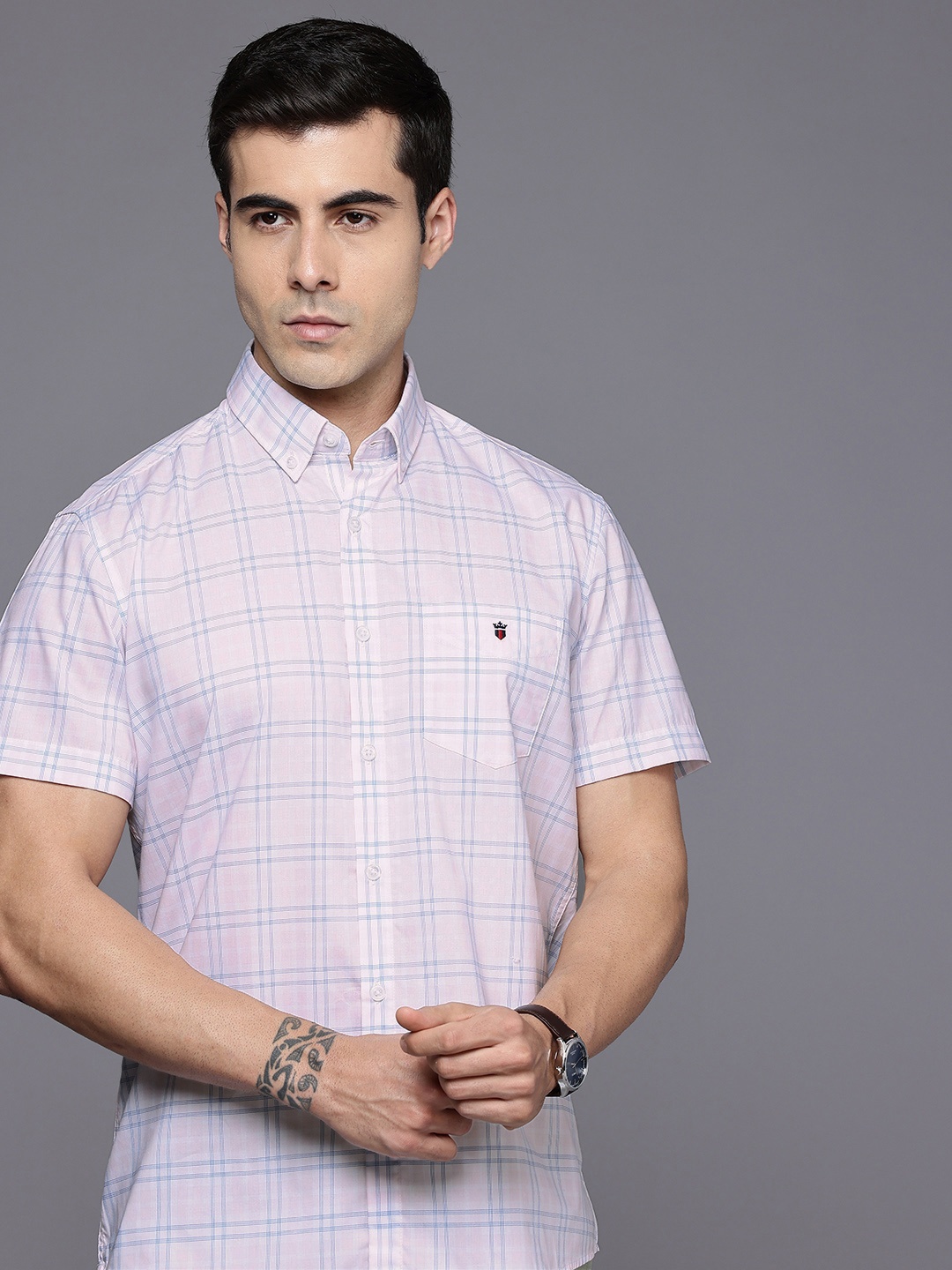 

Louis Philippe Sport Slim Fit Checked Button-Down Collar Pure Cotton Casual Shirt, Pink