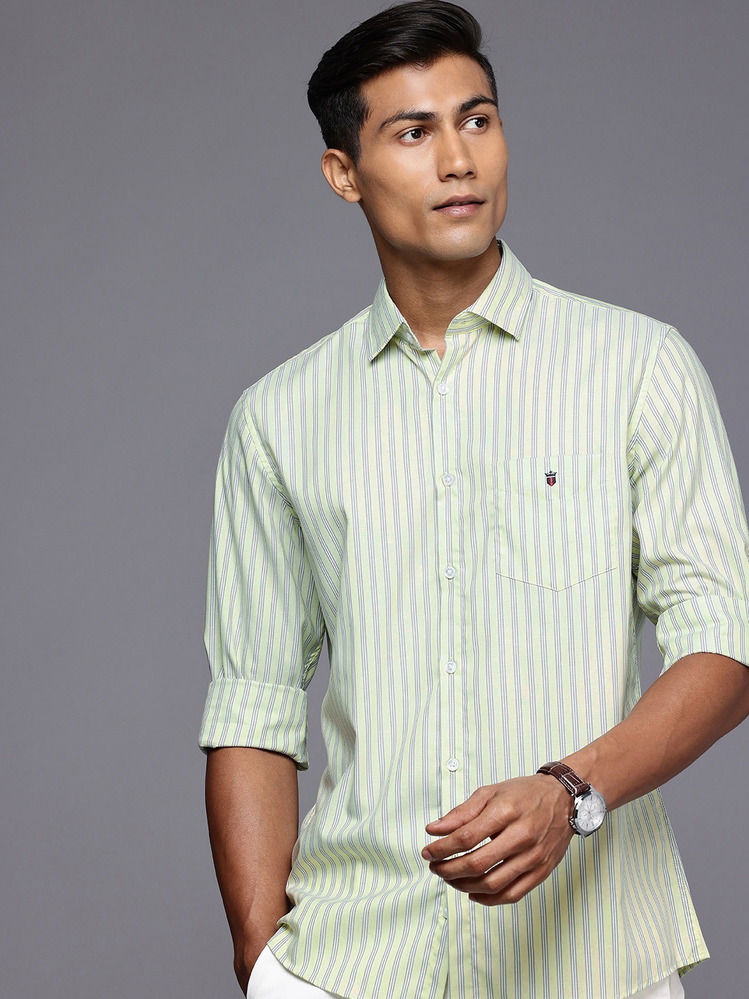 

Louis Philippe Sport Nirvana Slim Fit Striped Pure Cotton Casual Shirt, Green
