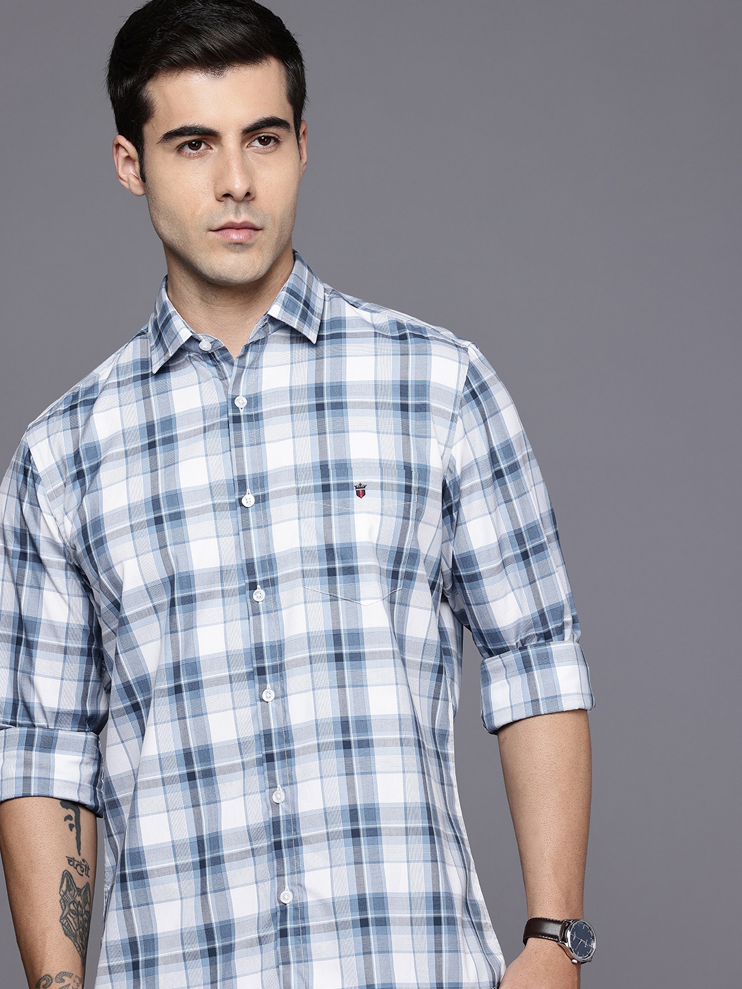 

Louis Philippe Sport Slim Fit Checked Pure Cotton Casual Shirt, Blue