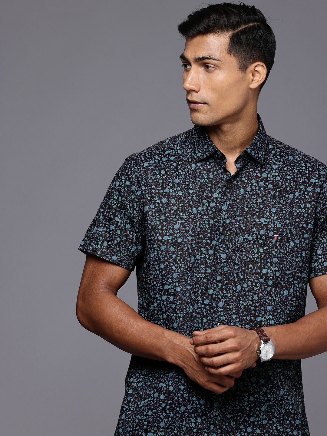 

Louis Philippe Sport Slim Fit Floral Printed Casual Shirt, Navy blue
