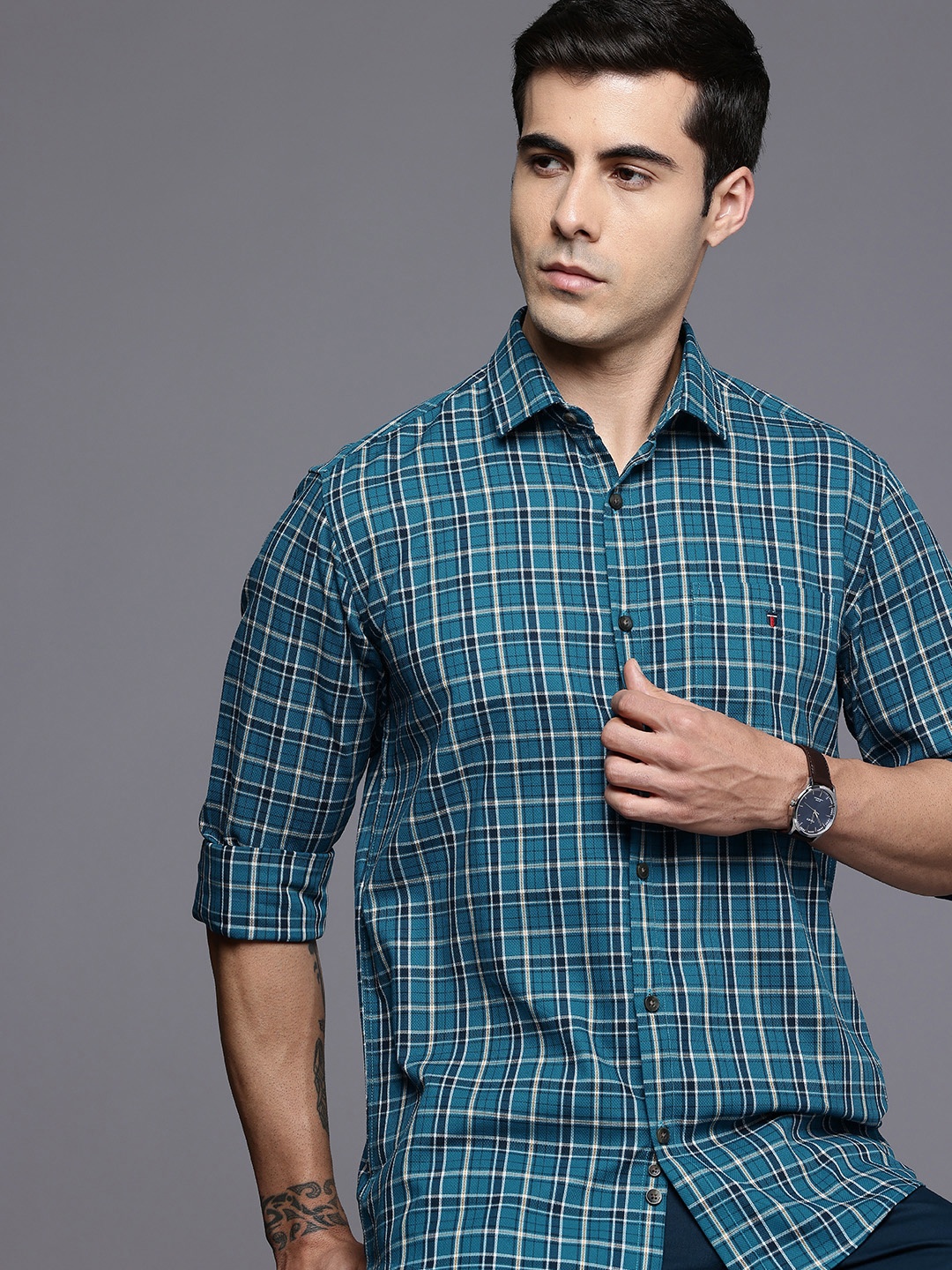 

Louis Philippe Sport Pure Cotton Slim Fit Opaque Checked Casual Shirt, Teal