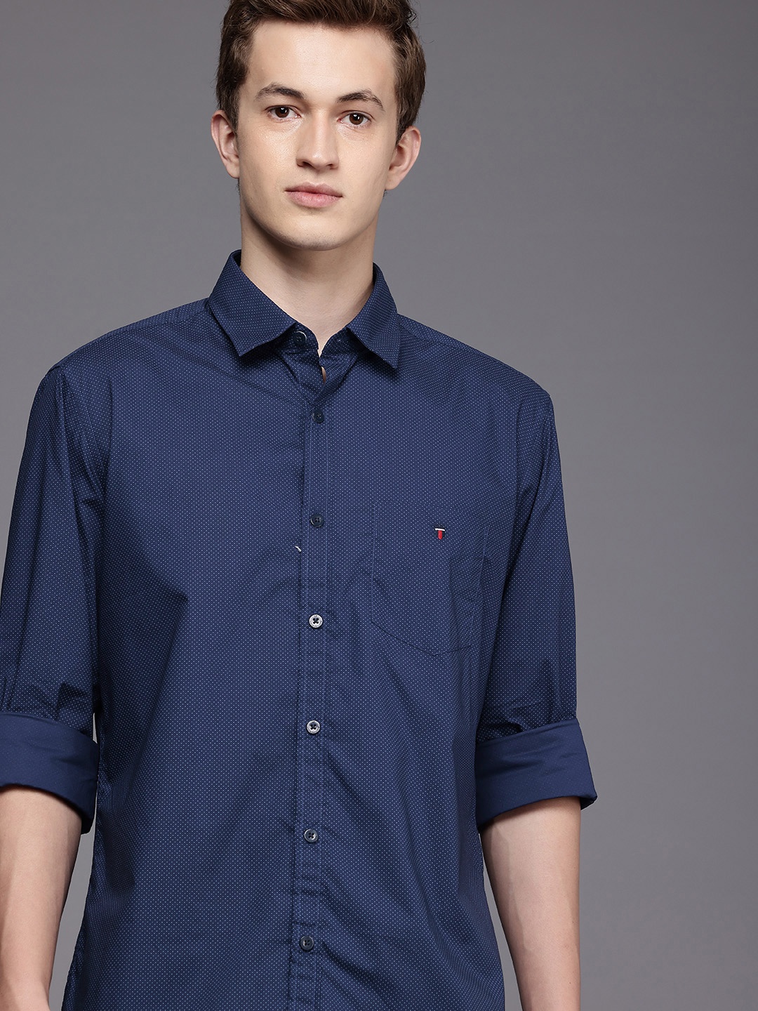 

Louis Philippe Sport Pure Cotton Slim Fit Polka Dot Printed Casual Shirt, Navy blue