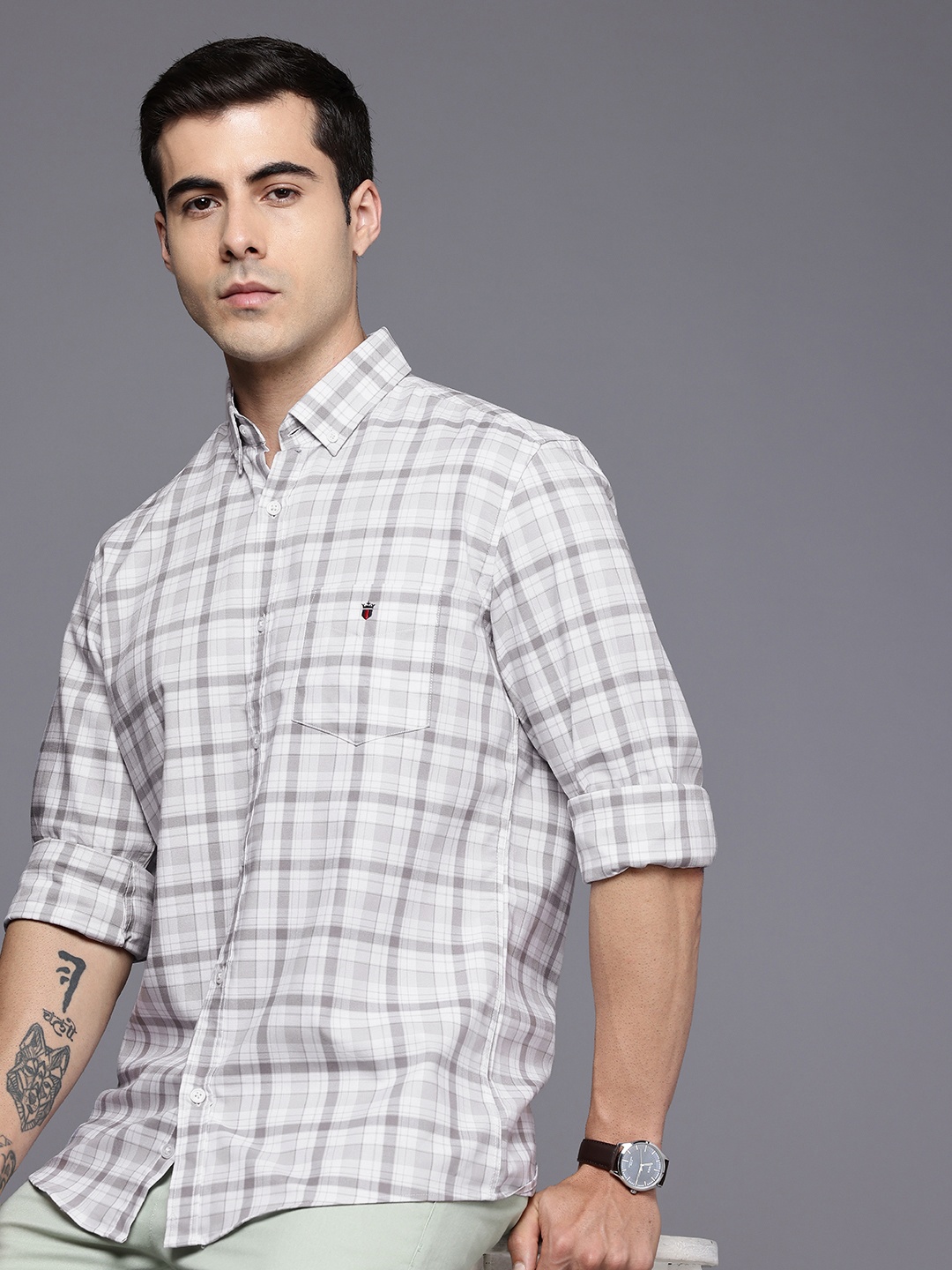 

Louis Philippe Sport Slim Fit Checked Button-Down Collar Pure Cotton Casual Shirt, Grey