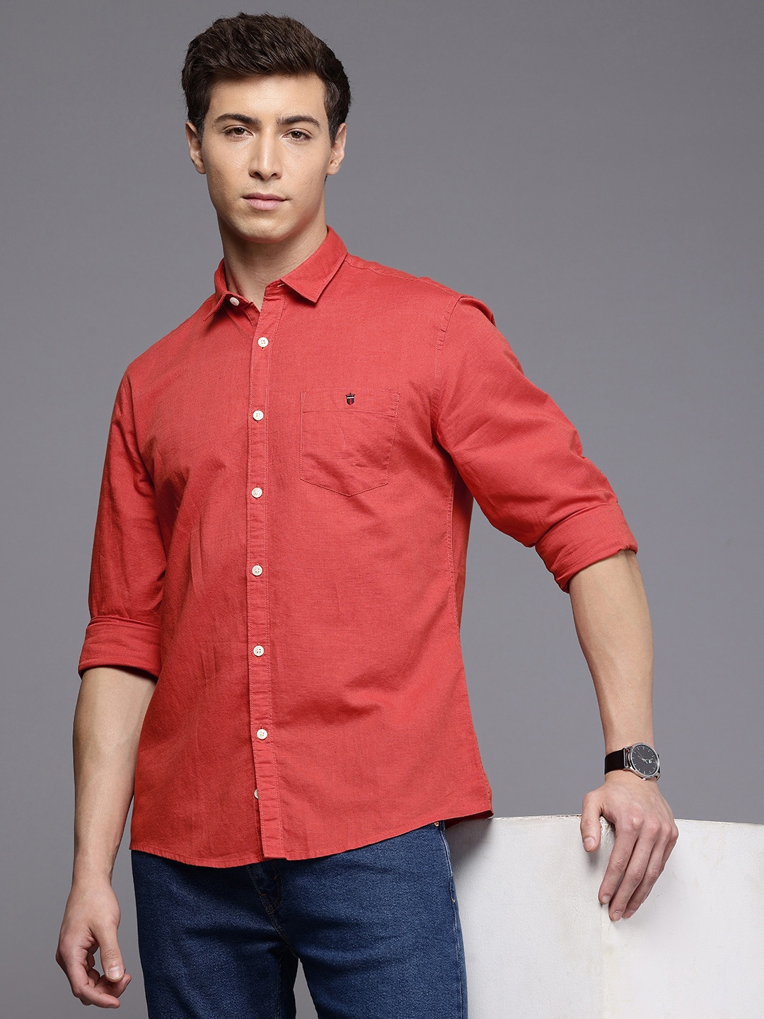 

Louis Philippe Jeans Linen-Cotton Slim Fit Casual Shirt, Red
