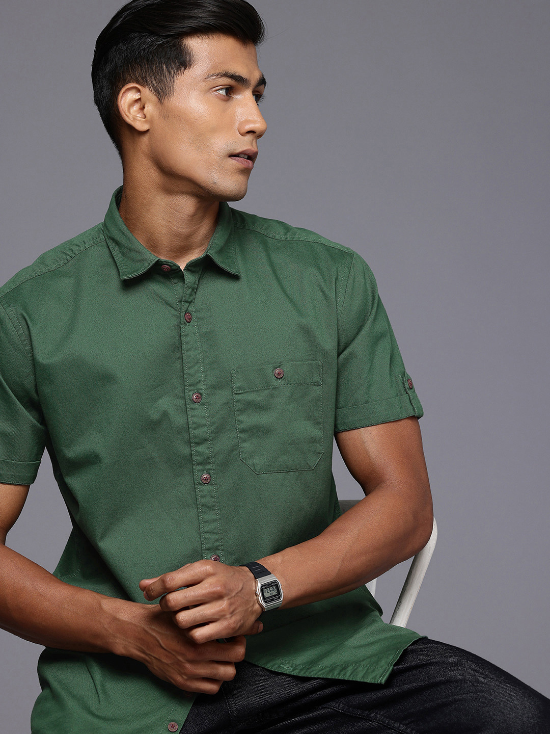 

Louis Philippe Jeans Pure Cotton Slim Fit Roll-Up Sleeves Casual Shirt, Green