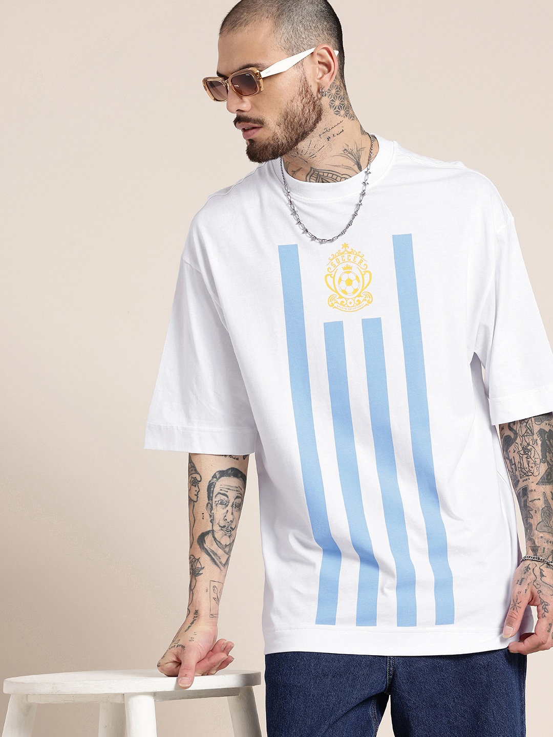 

HERE&NOW Pure Cotton Striped Printed Oversized T-shirt, White