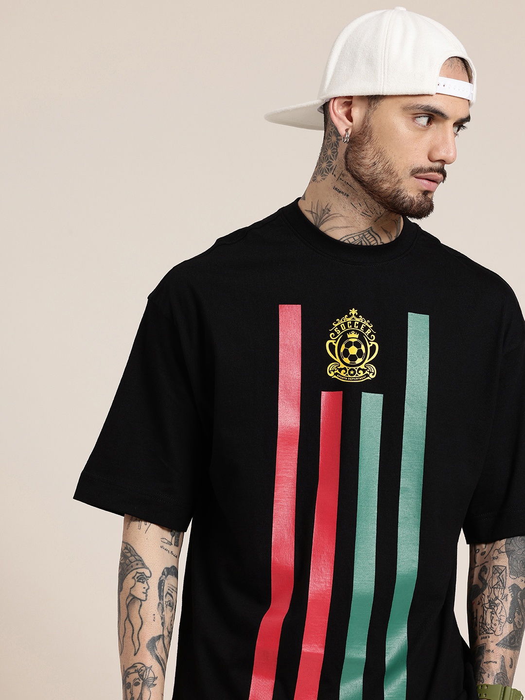 

HERE&NOW Pure Cotton Striped Printed Oversized T-shirt, Black
