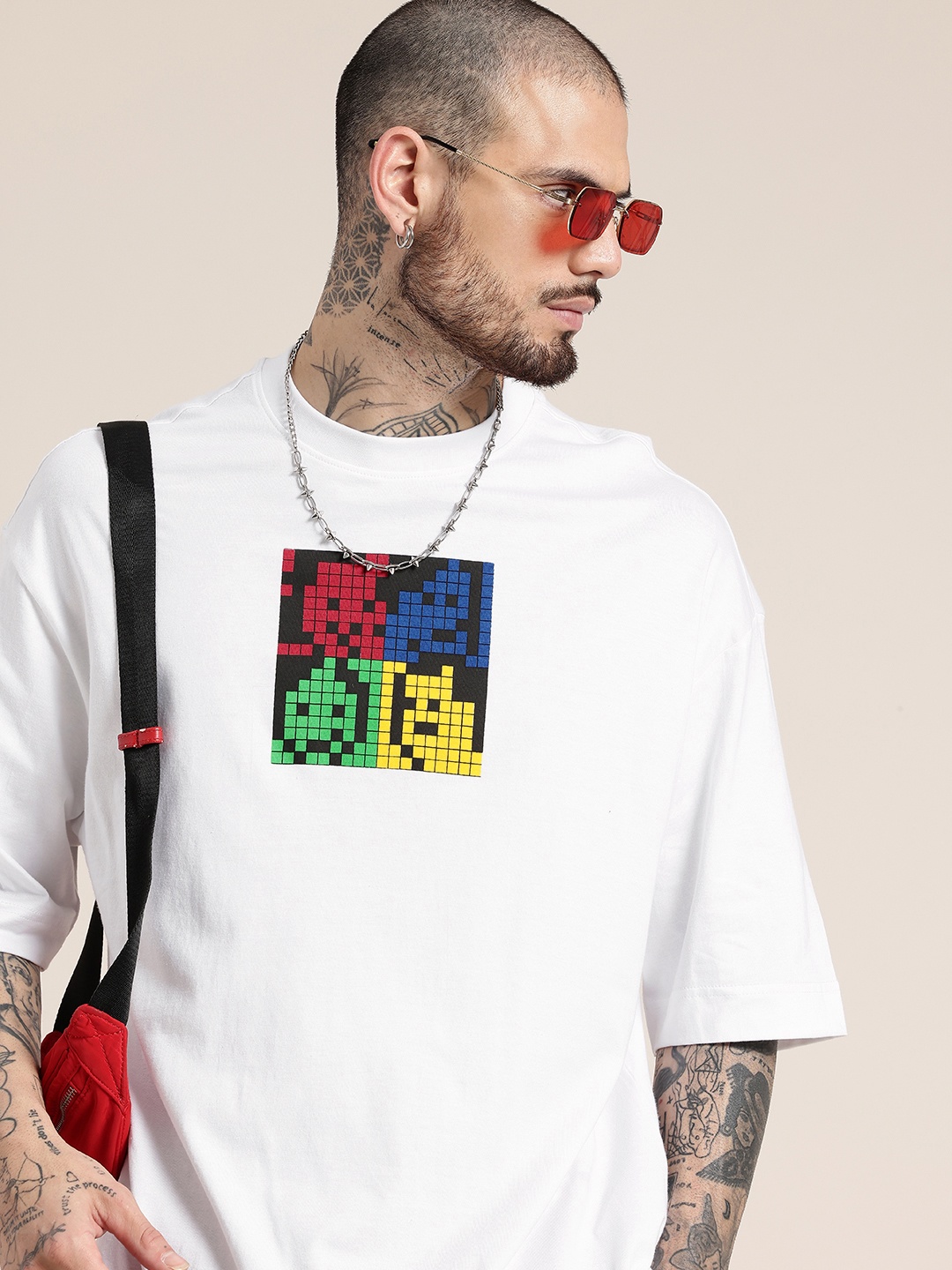 

HERE&NOW Printed Drop-Shoulder Sleeves Oversized Pure Cotton T-shirt, White