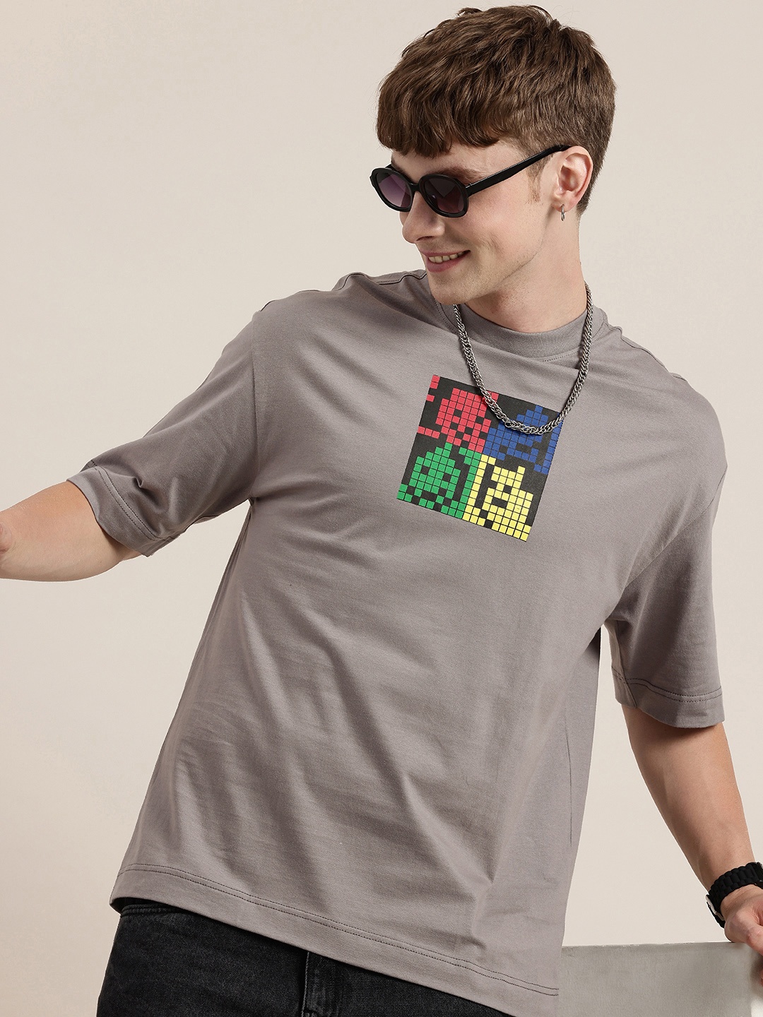 

HERE&NOW Graphic Printed Pure Cotton T-shirt, Grey