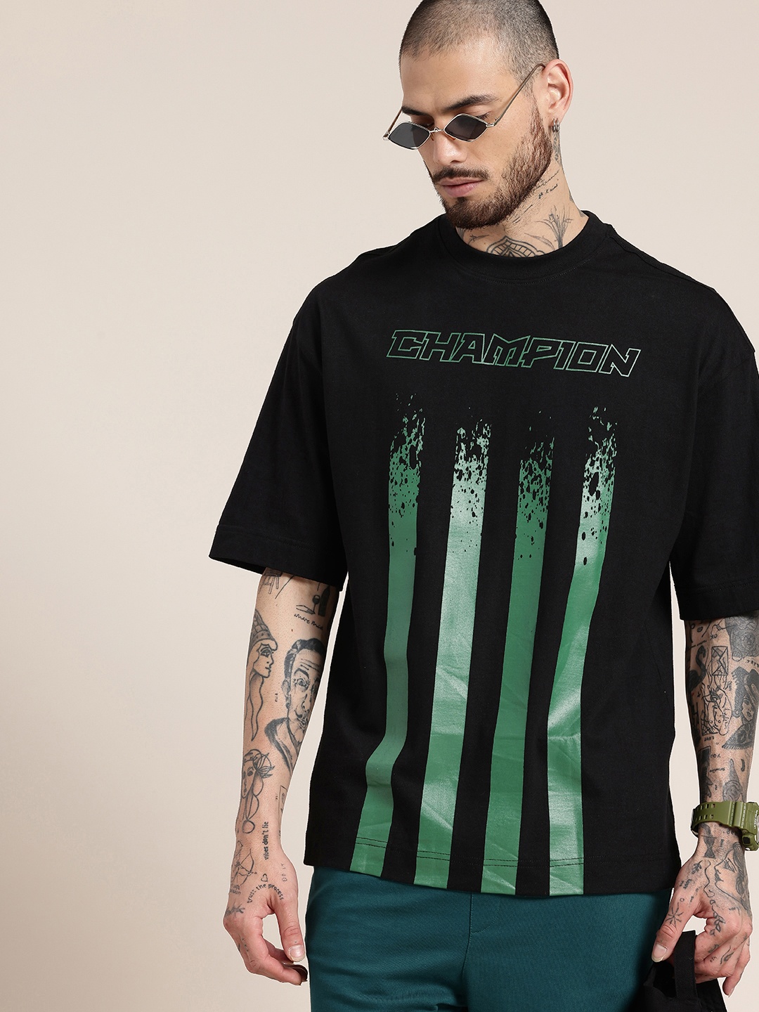 

HERE&NOW Pure Cotton Striped Printed Oversized T-shirt, Black