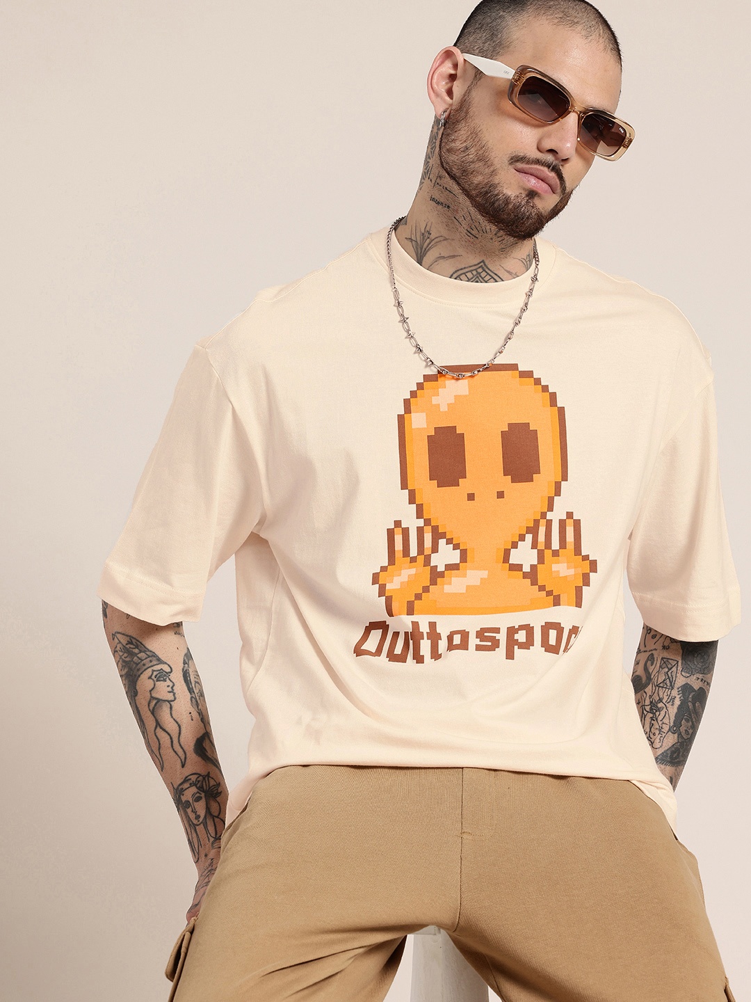 

HERE&NOW Pure Cotton Graphic Printed Oversized T-shirt, Off white