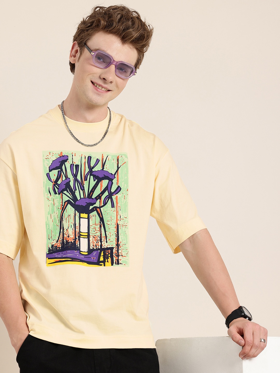 

HERE&NOW Pure Cotton Graphic Printed Drop-Shoulder Sleeves Oversized Fit T-shirt, Cream