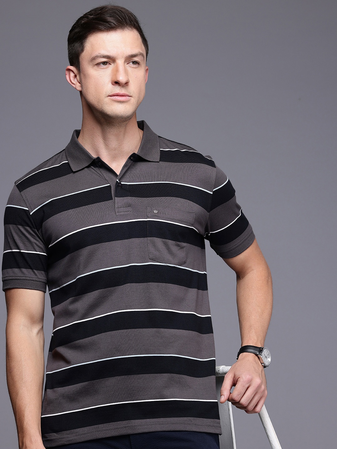 

Louis Philippe Striped Polo Collar Pure Cotton T-Shirt, Black