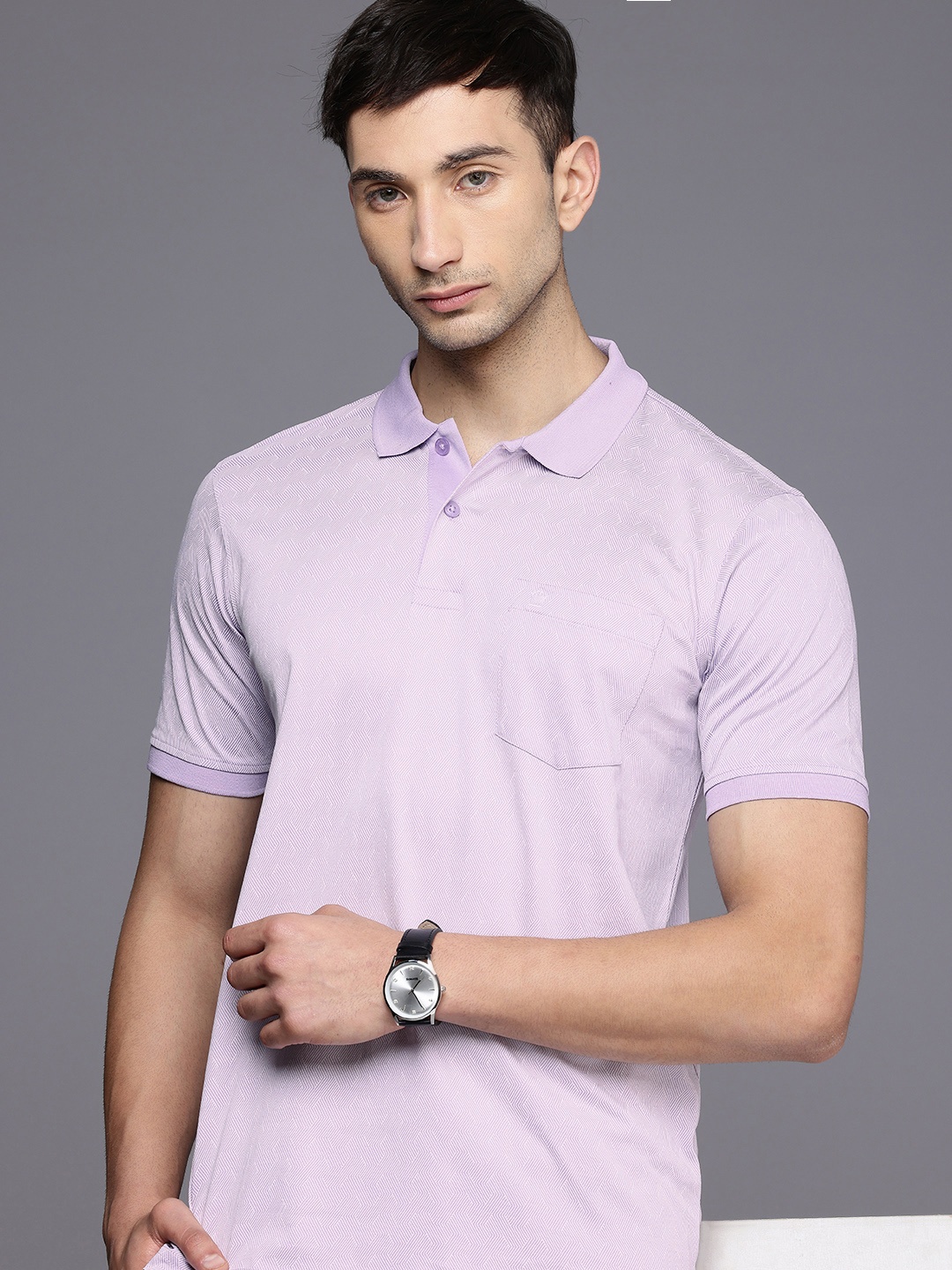 

Louis Philippe Geometric Printed Polo Collar Pure Cotton T-shirt, Purple