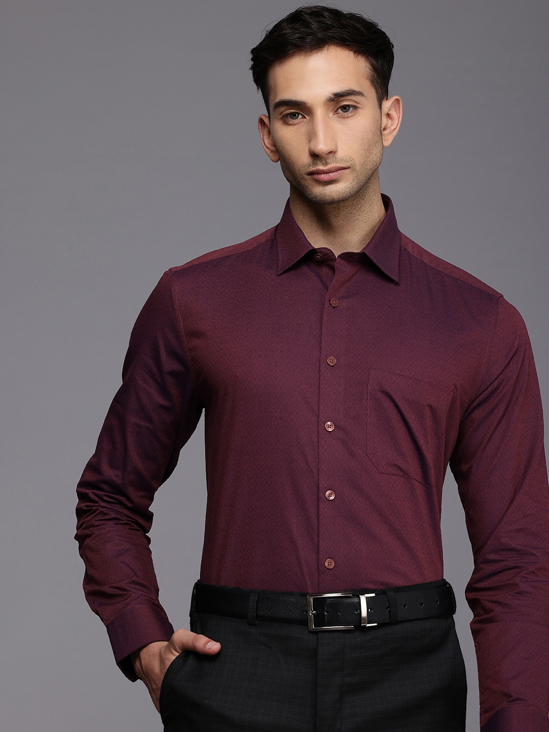 

Louis Philippe Slim Fit Self Design Textured Pure Cotton Formal Shirt, Maroon