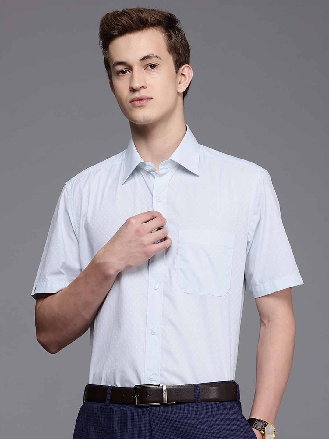 

Louis Philippe Classic Opaque Self Design Textured Pure Cotton Formal Shirt, Blue