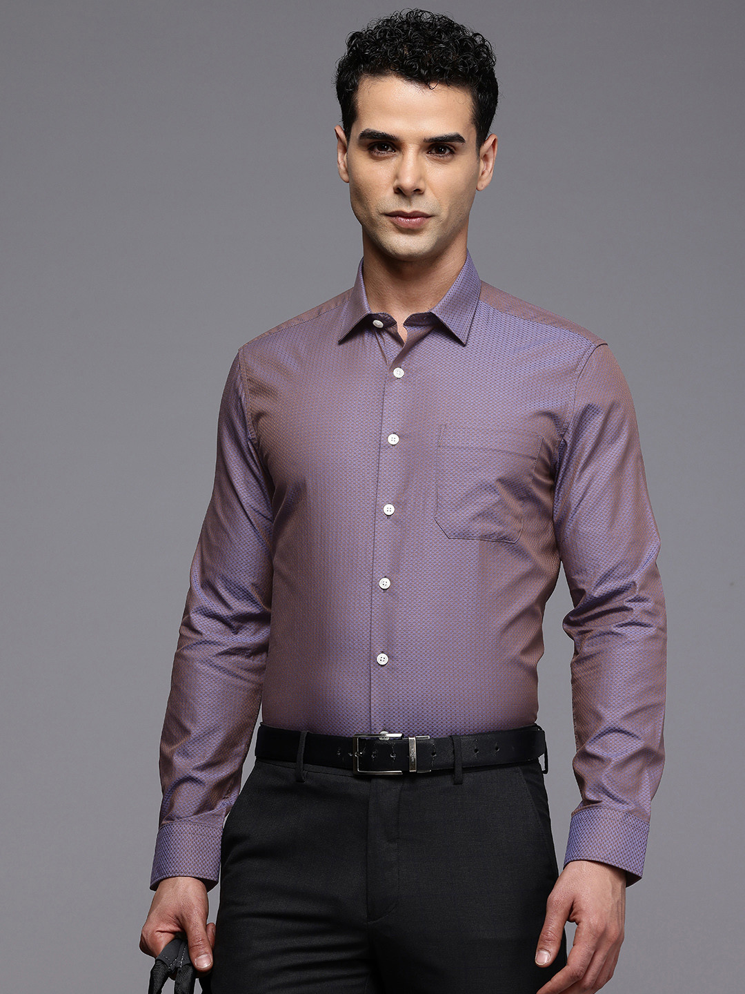 

Louis Philippe Slim Fit Geometric Self Design Pure Cotton Formal Shirt, Purple