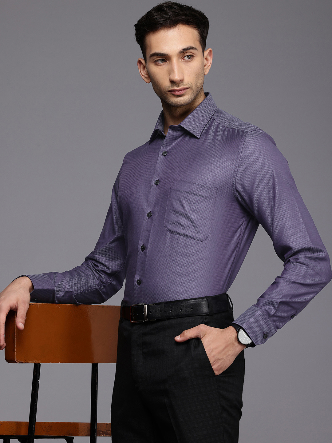 

Louis Philippe Slim Fit Self Design Textured Pure Cotton Formal Shirt, Purple