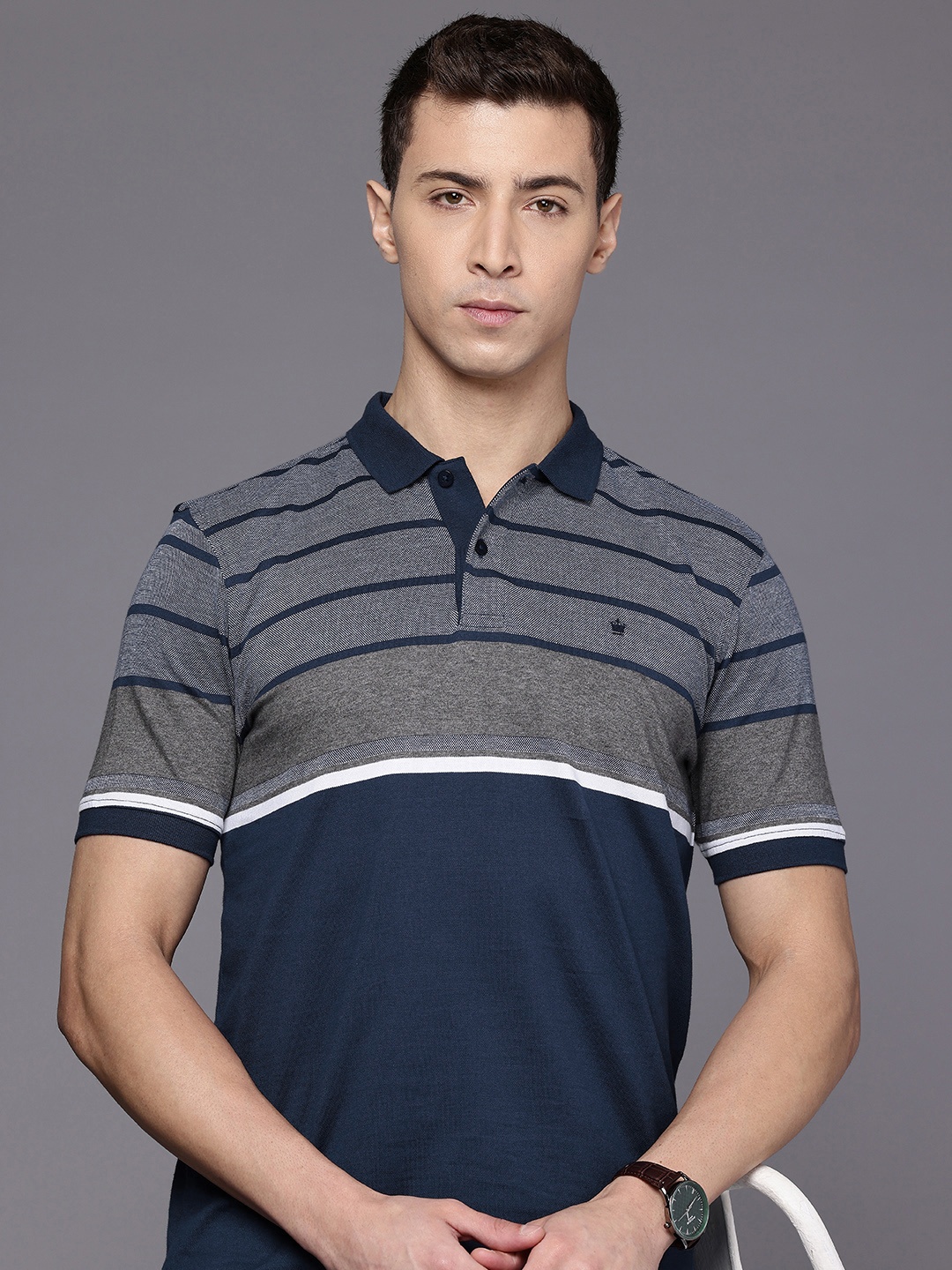 

Louis Philippe Striped Polo Collar Pure Cotton T-shirt, Navy blue