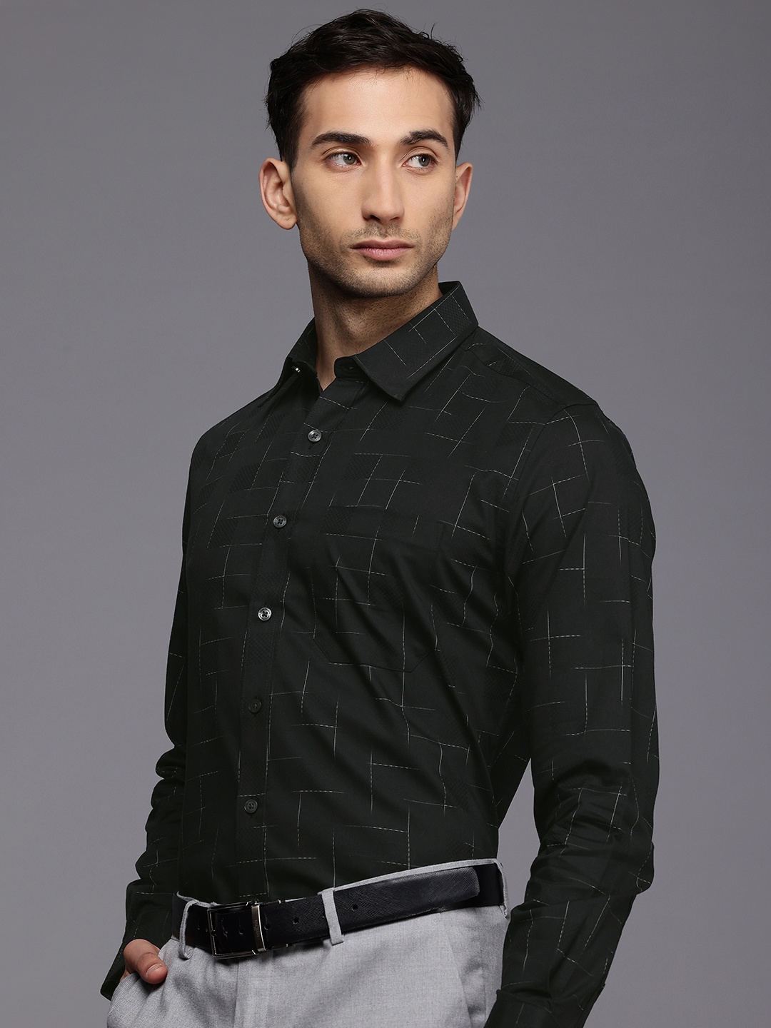 

Louis Philippe Slim Fit Geometric Self Designed Formal Shirt, Black