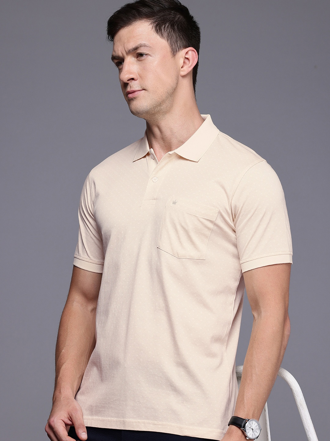 

Louis Philippe Polo Collar Pure Cotton Geometric Printed Pocket T-shirt, Cream