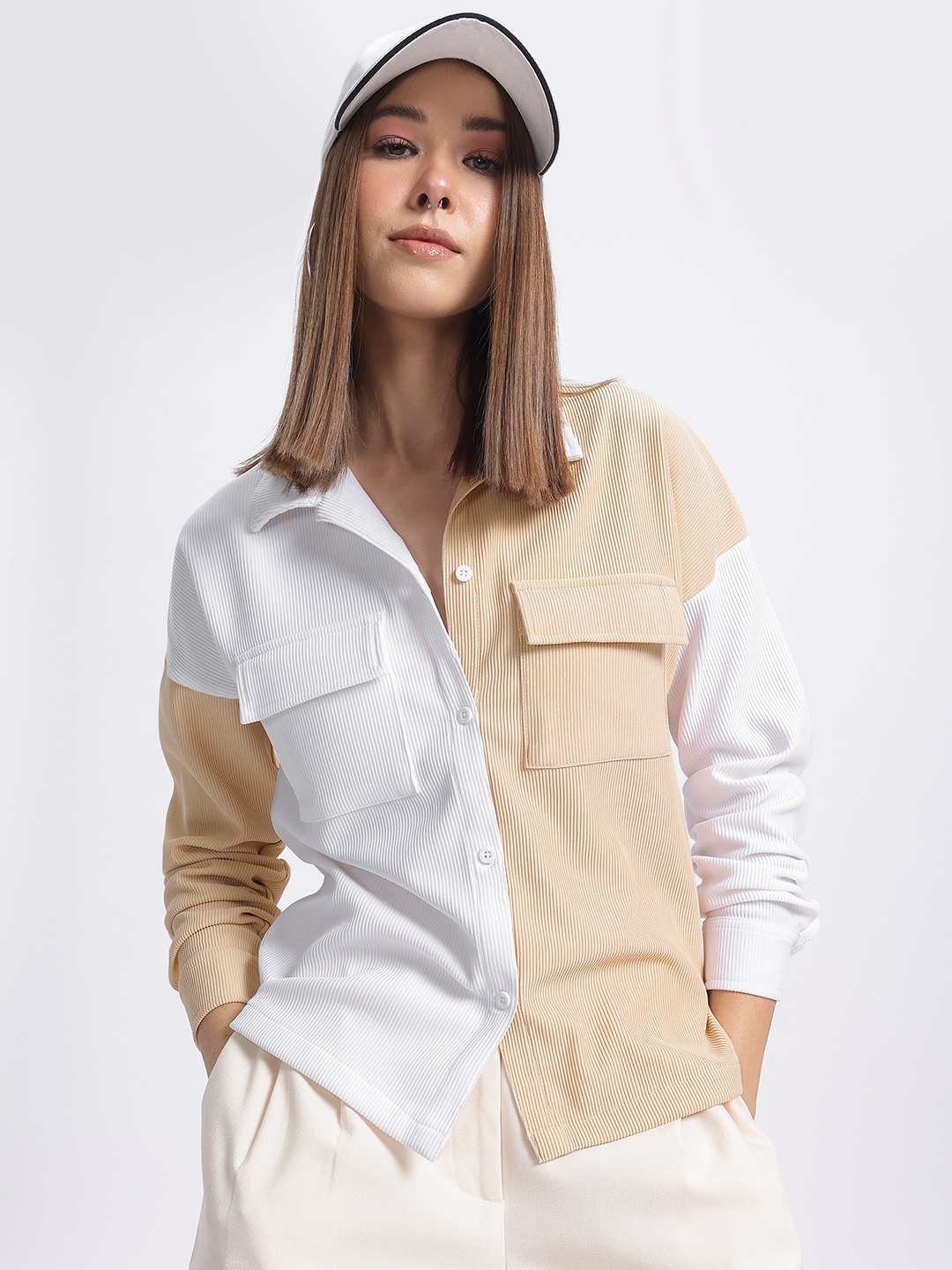 

glitchez Dual Tone Trendsetter Colorblocked Pocket Detail Shirt, Beige