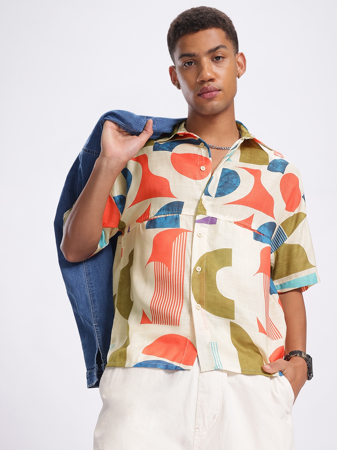 

glitchez Artful Shapes Printed Casual Shirt, Cream