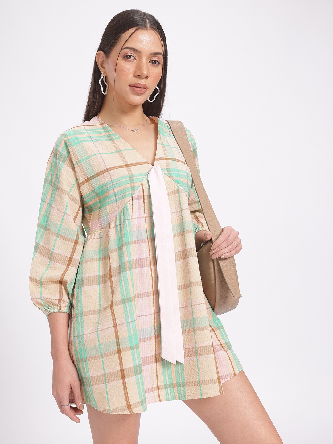 

glitchez Checked Perfection Seersucker Mini Empire Dress, Beige