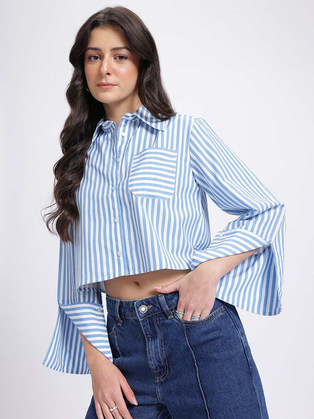 

glitchez Slit-Slay Striped Crop Shirt, Blue