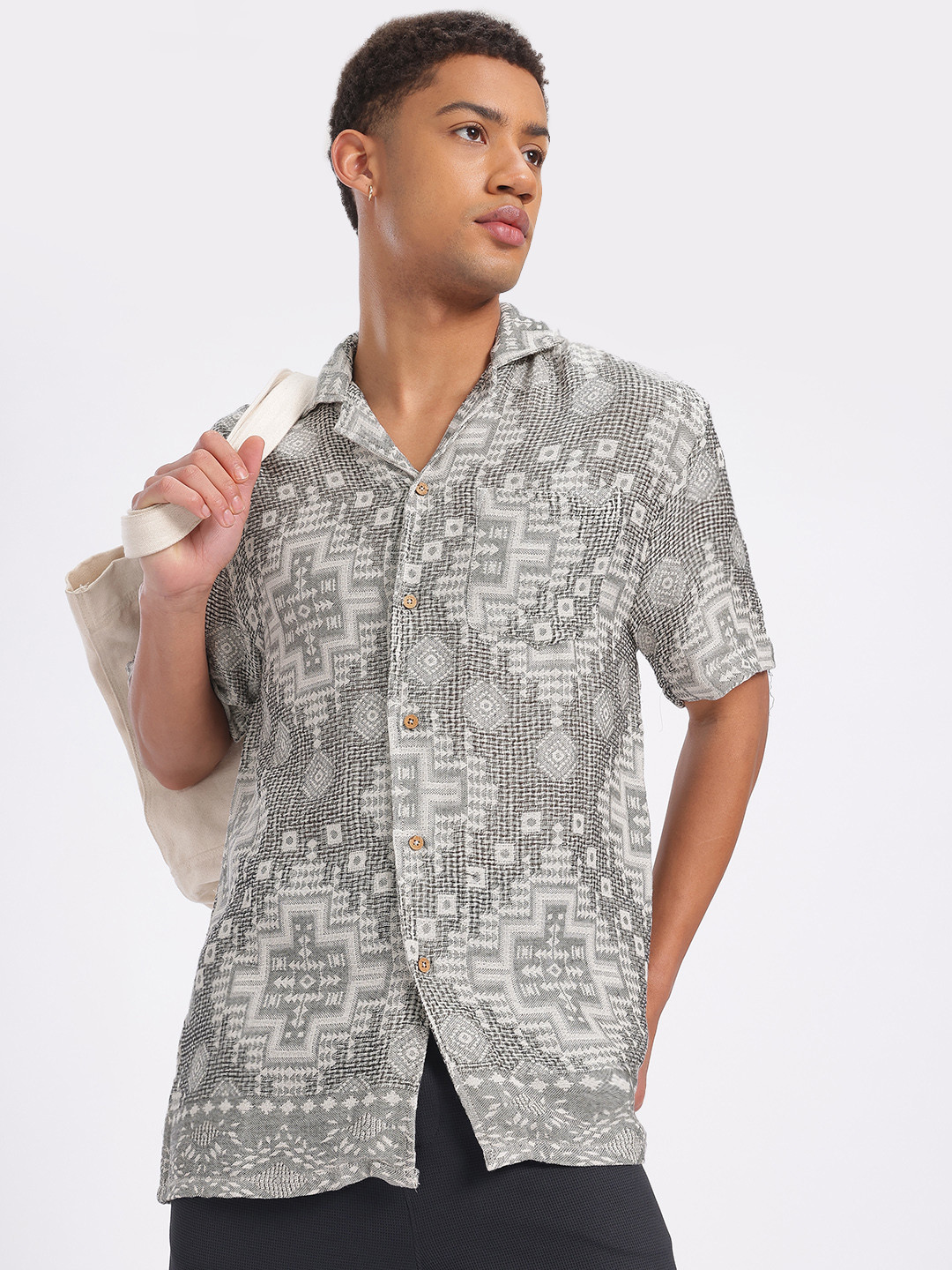 

glitchez Breezy Woven Cuban Collar Shirt, Grey