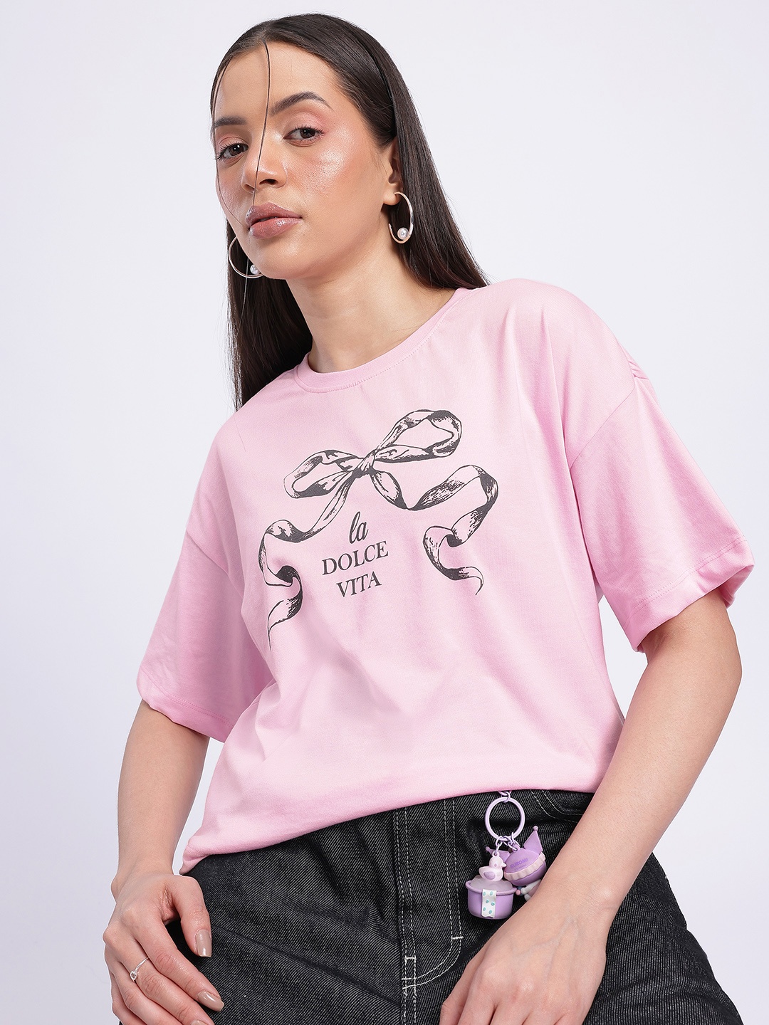 

glitchez Bow N Chic Printed T-shirt, Pink