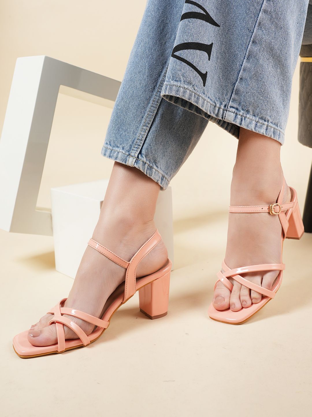 

DressBerry Open Toe Block Heel Sandals, Peach