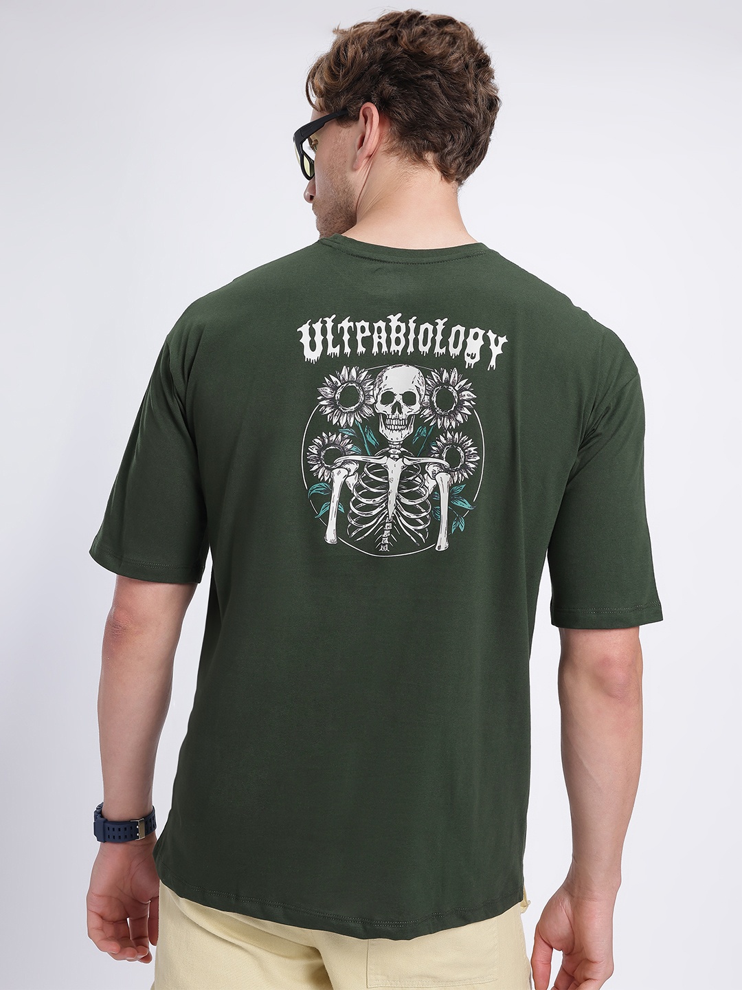 

glitchez Grunge Core Printed Drop-Shoulder Sleeves T-shirt, Green