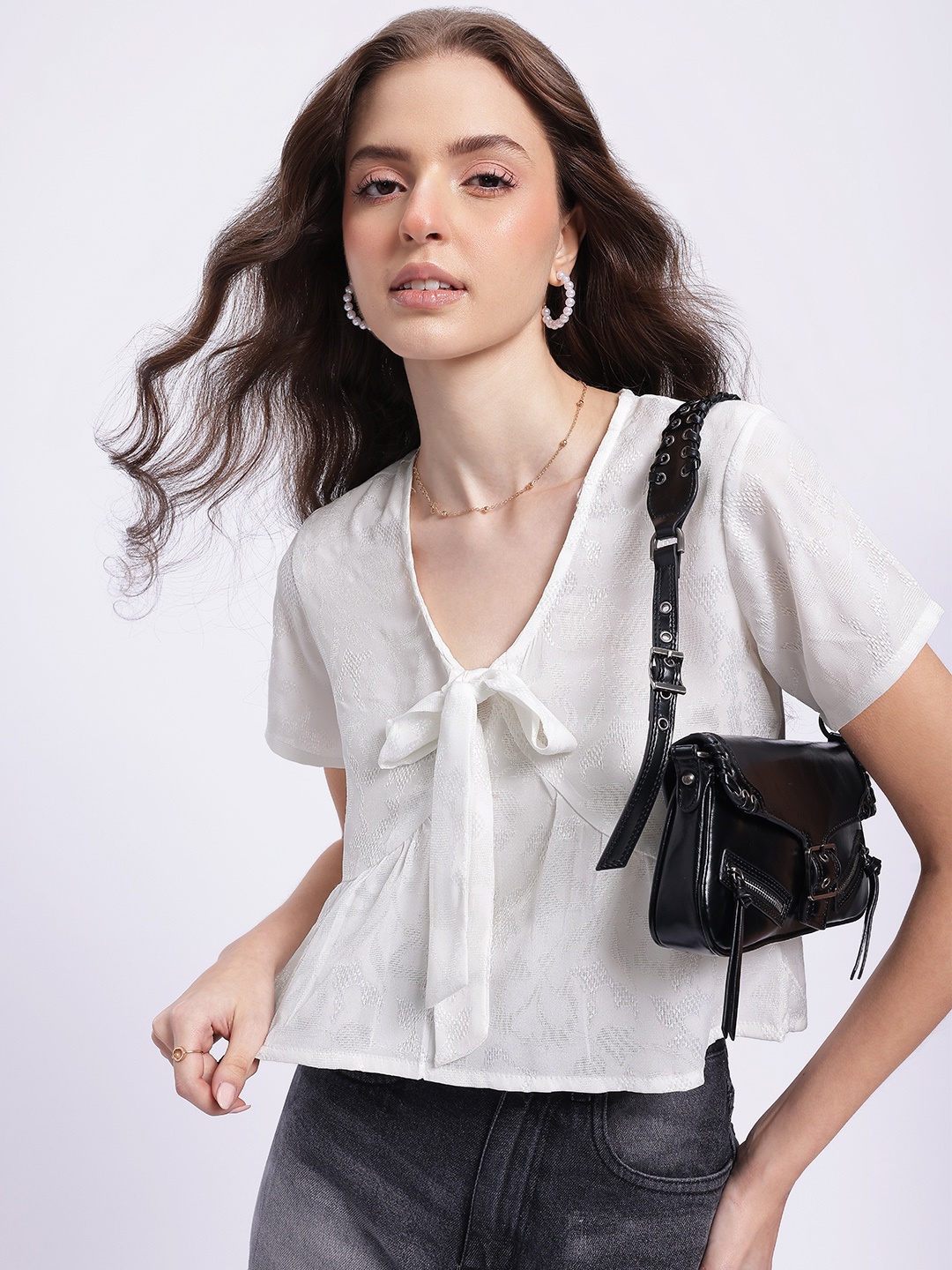 

glitchez Geo Grace Woven Design Geometric Empire Top, White
