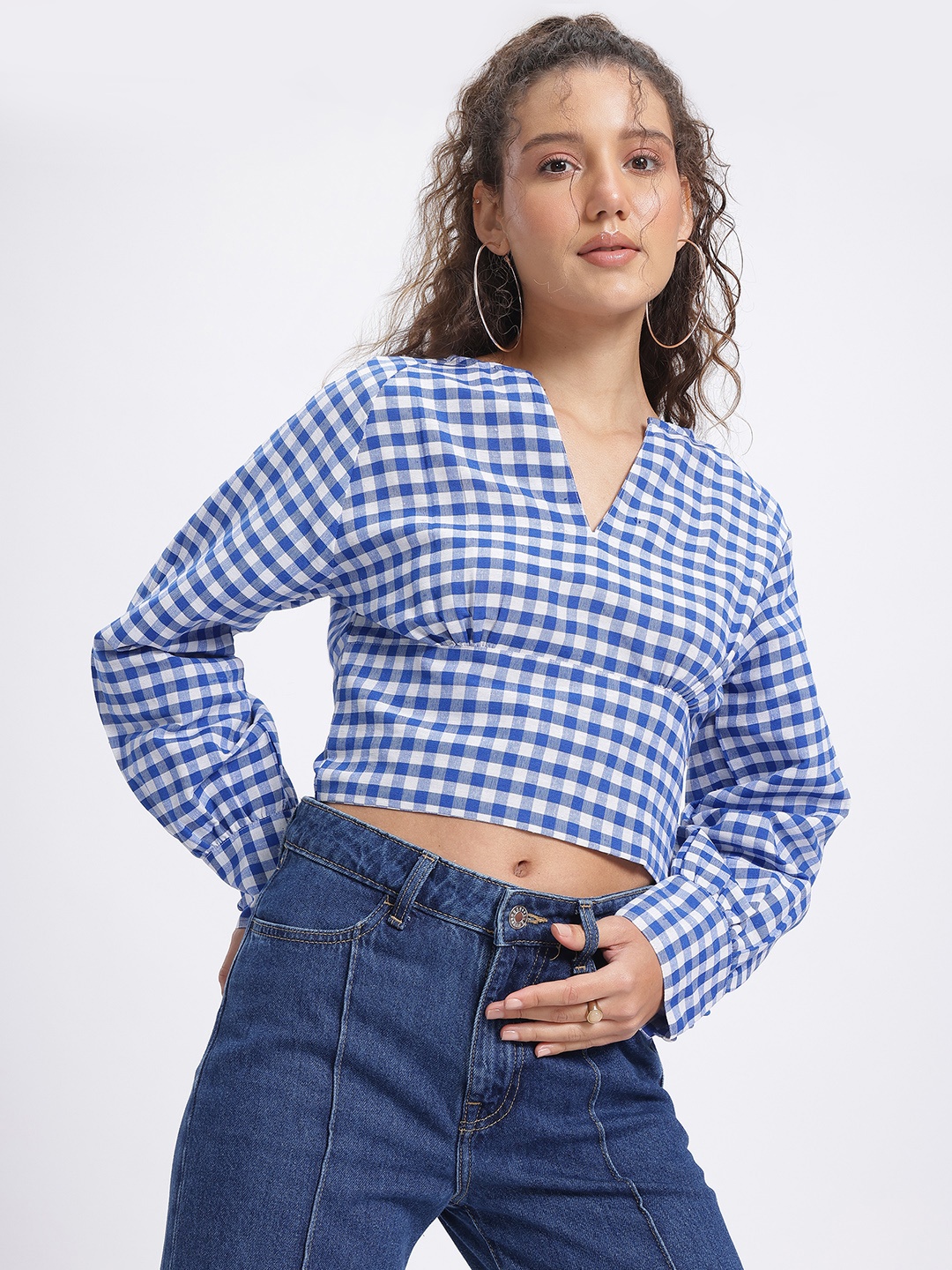 

glitchez Retro Ginghams Checked Fitted Crop Top, Blue