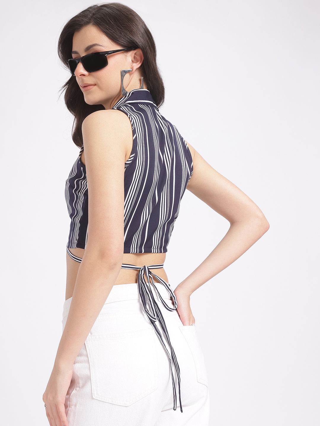 

glitchez Twist & Tuck Striped Crop Wrap Top, Navy blue