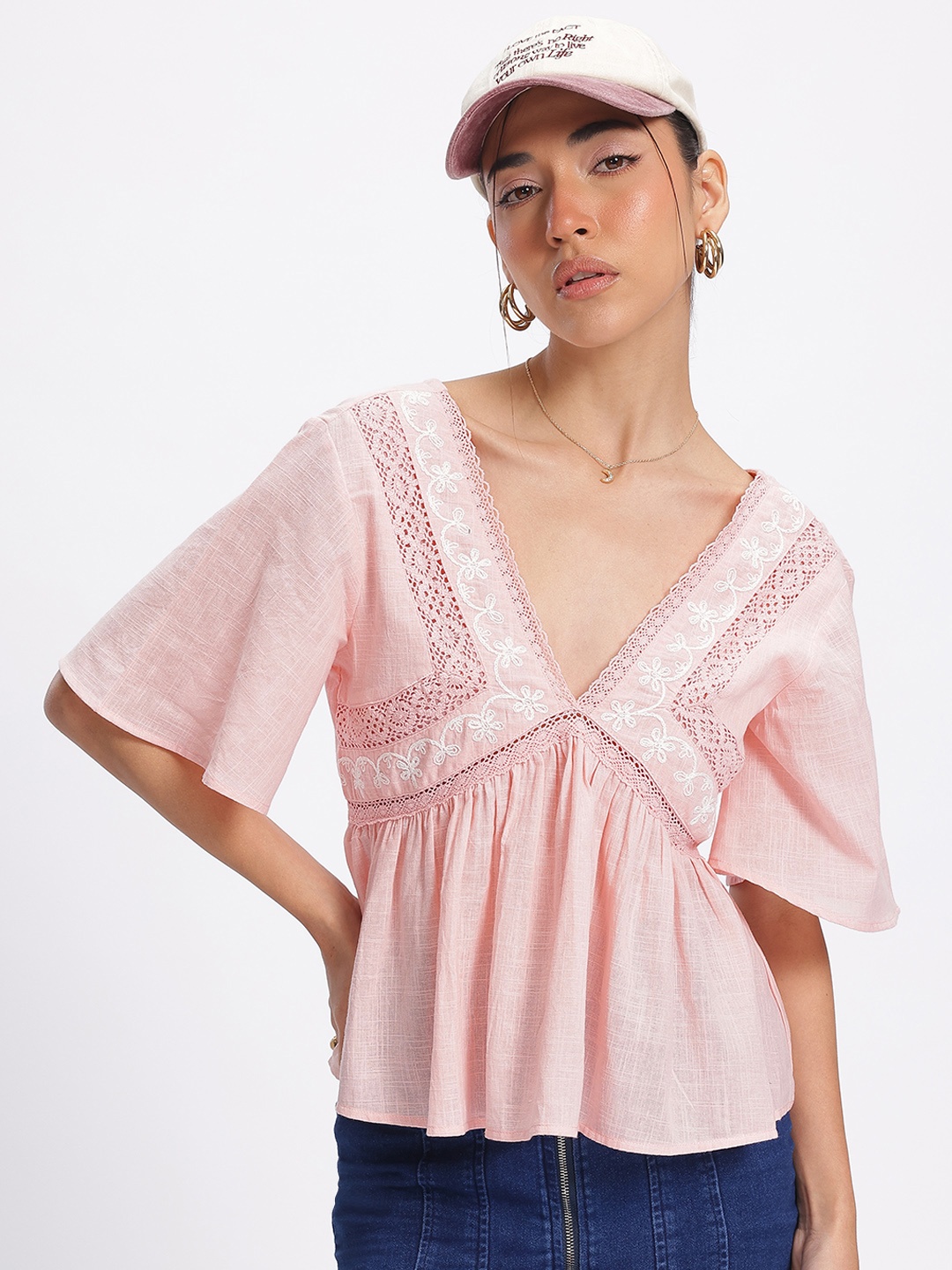 

glitchez Bohemian Babe Embroidered Lace Pleated A-Line Top, Pink