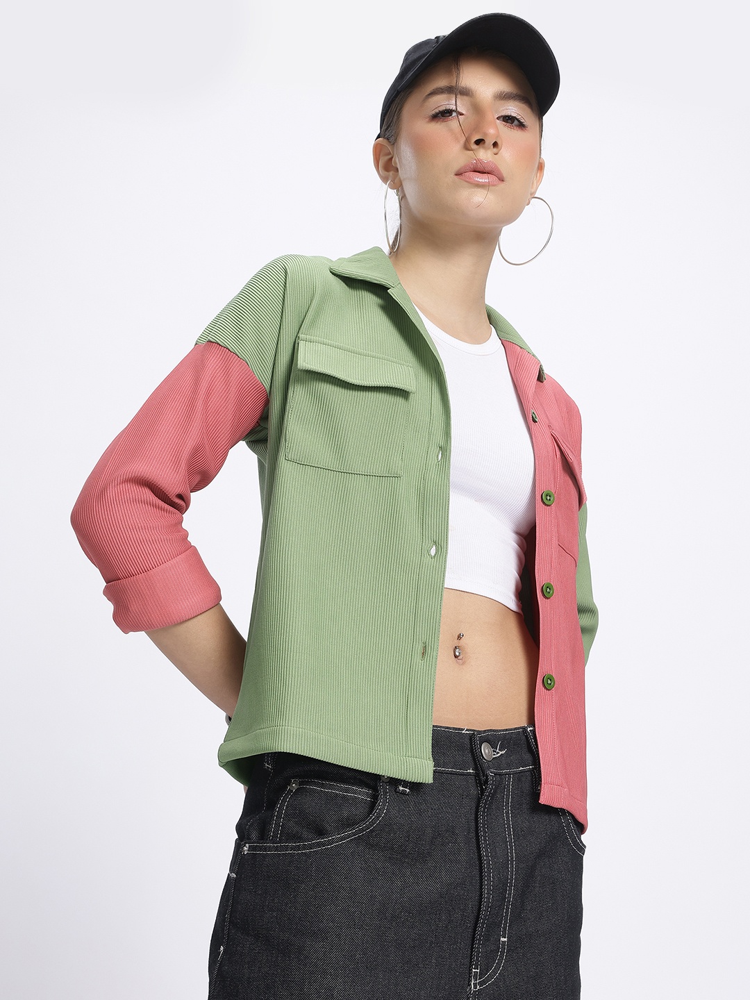 

glitchez Whimsical Wardrobe Colourblocked Ribbed Shirt, Green
