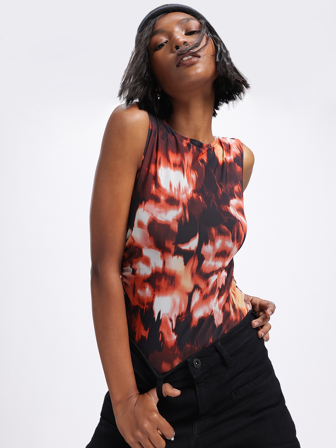 

glitchez Artistic Abstract Printed Bodysuit, Black