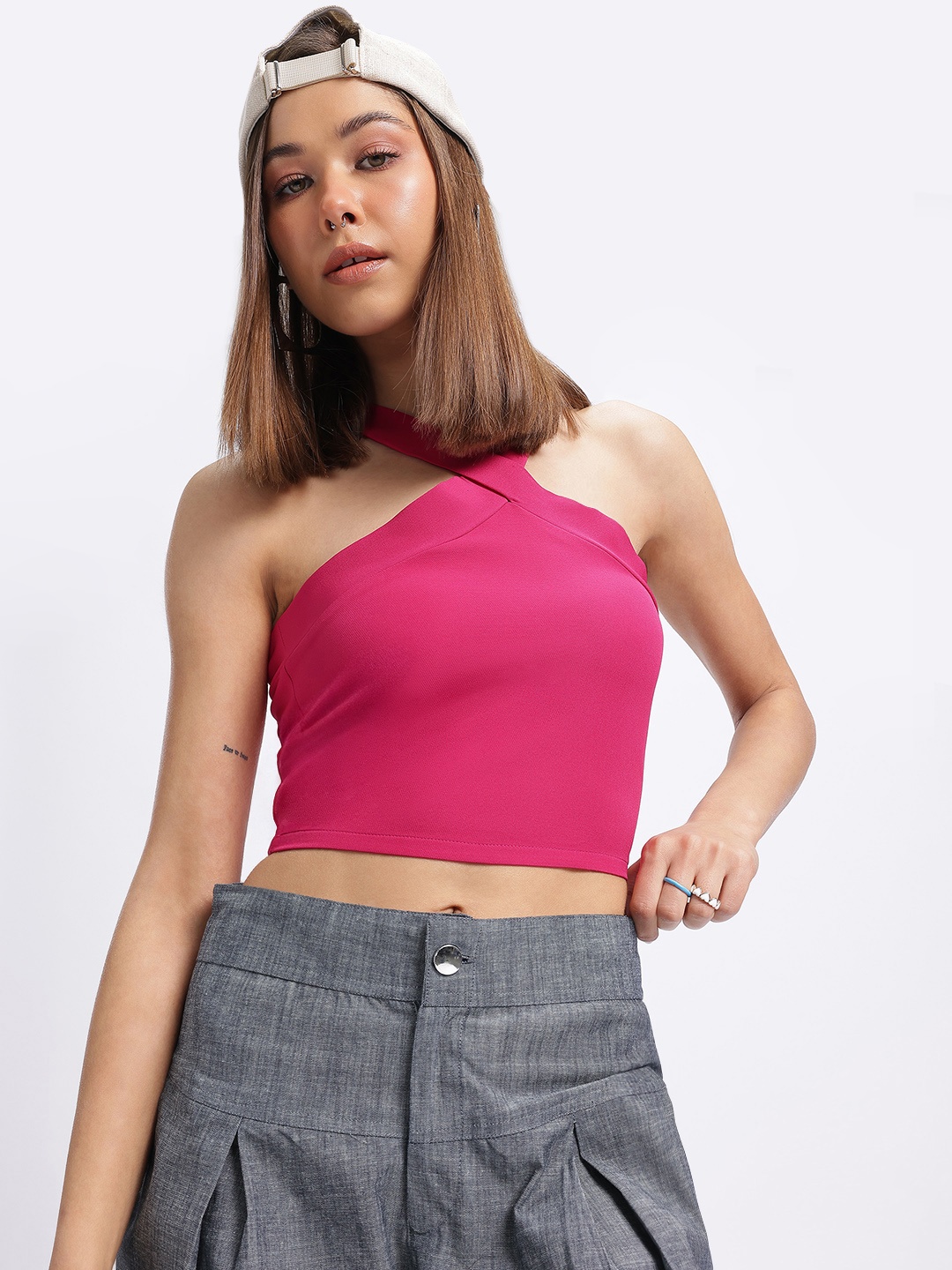 

glitchez Halter Swelter Feminine Flair Crop Top, Fuchsia