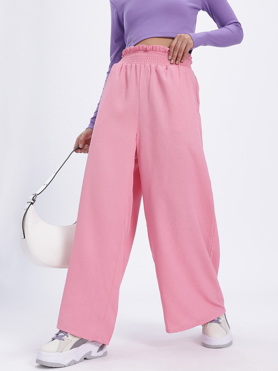 

glitchez Women Fondant Pink Ruffled Smock Waist Trousers